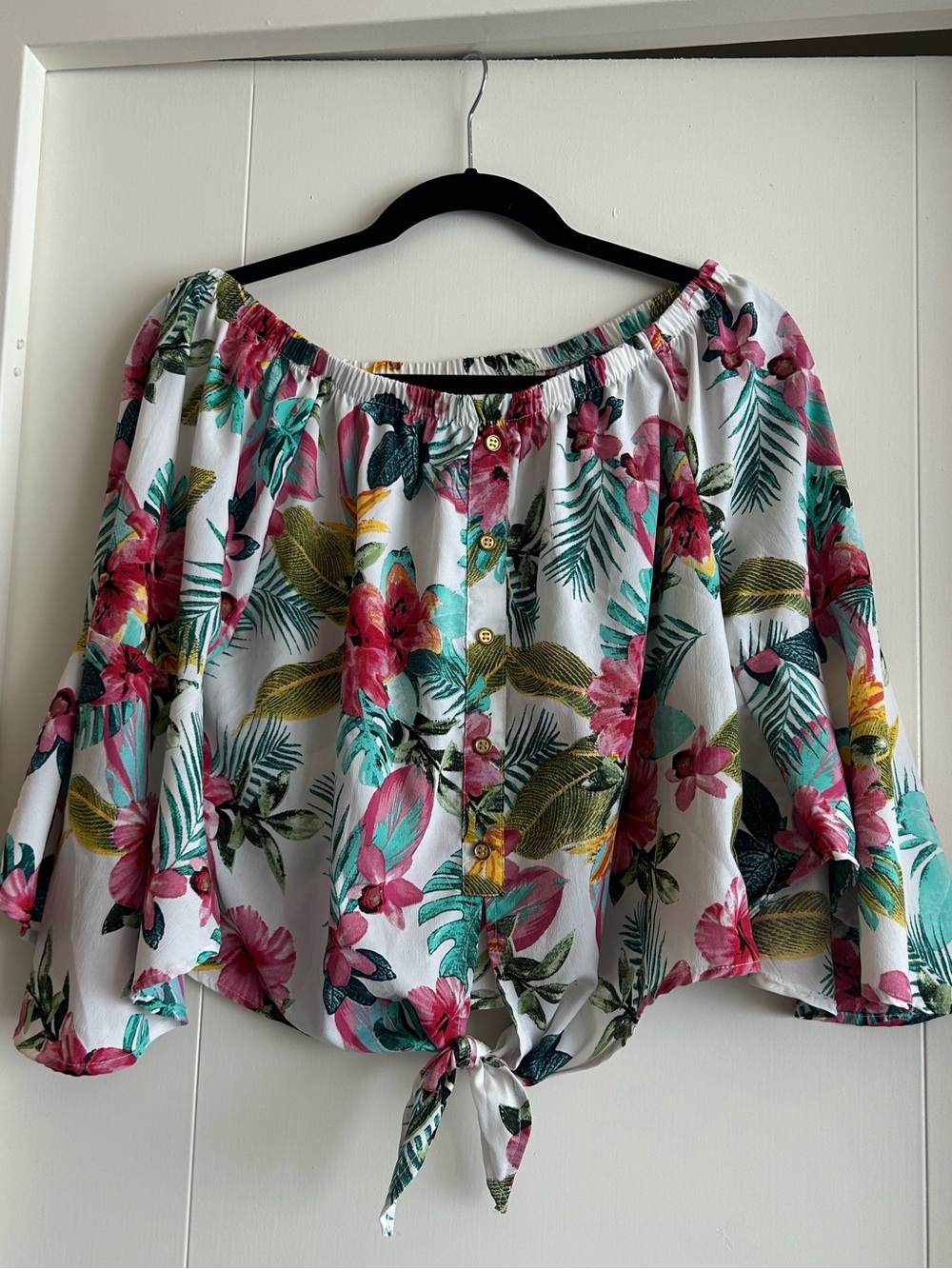 Tropical floral print off the shoulder tie front top